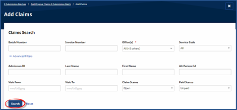 Search for Claims in the Add Claims Window